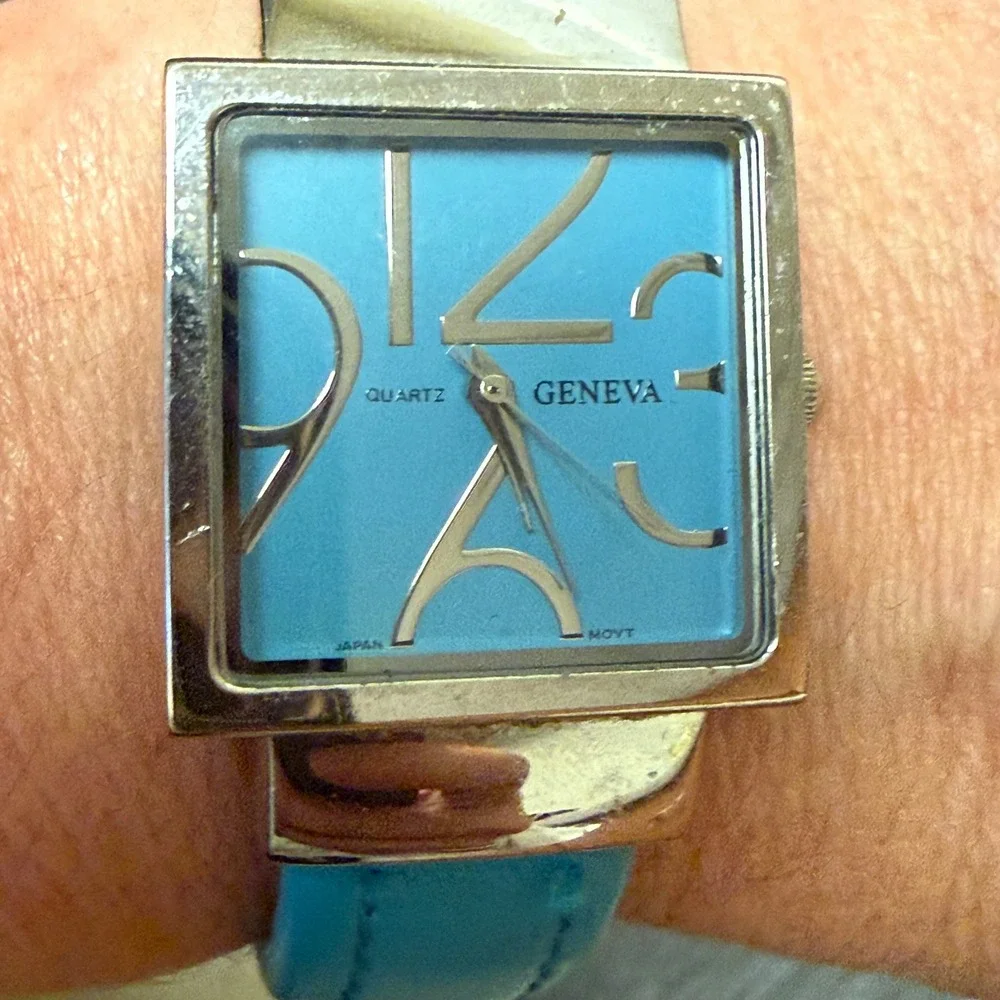 Geneva Quartz Watch Square Turquoise Blue Dial Silver Tone Cuff Bangle Works
